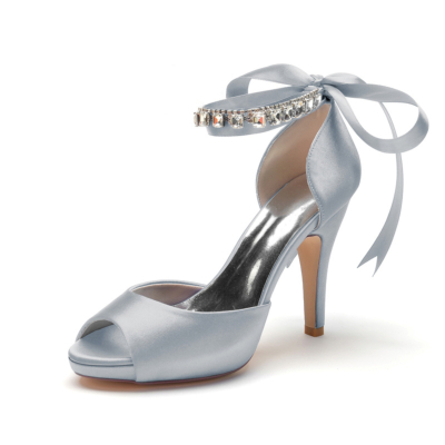 Silver Peep Toe Bow Wedding Shoes Ankle Strap  Stiletto Heel Platform Sandals