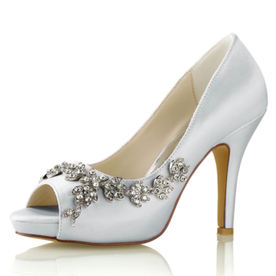 Silver Satin Peep Toe Wedding Shoes Rhinestone Flowers Stiletto Heel Platform Pumps