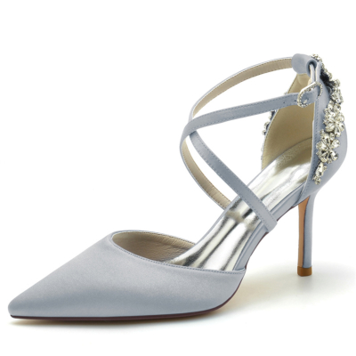 Silver Satin Pointed Toe Cross Strap Pumps Stiletto Heel Wedding Shoes