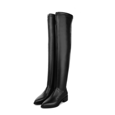 Black Leather Slip Resistant Pointy Toe Heeled Stretch Thigh High Boots