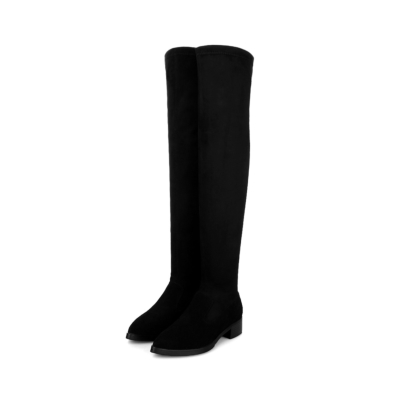 Black Suede Slip Resistant Pointy Toe Heeled Stretch Thigh High Boots