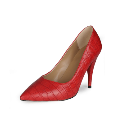 Red Croc Embossed Stiletto Heeled Pumps 4 inch Heels Shoes with Pointed Toe