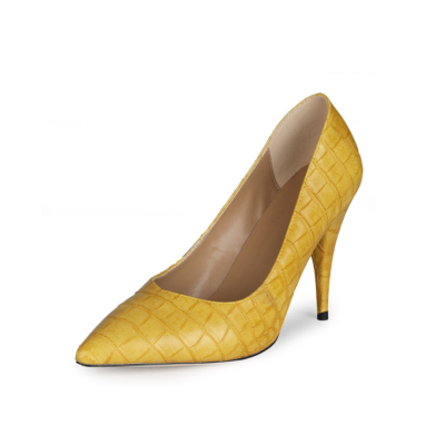Yellow Croc Embossed Stiletto Heeled Pumps 4 inch Heels Shoes with Pointed Toe