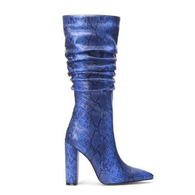 Blue Snake Embossed Pointy Toe Zip Block Heel Slouchy Mid Calf Boots