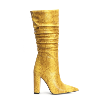 Yellow Snake Embossed Pointy Toe Zip Block Heel Slouchy Mid Calf Boots