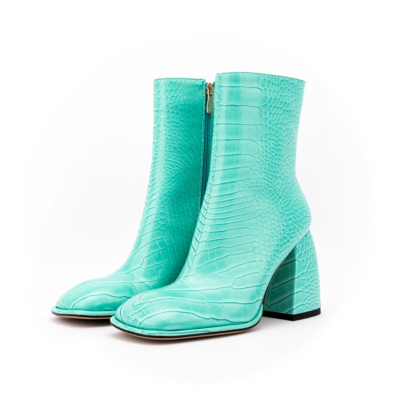 Cyan Snake Print Block Heel Boots Square Toe Ankle Booties With Side Zipper