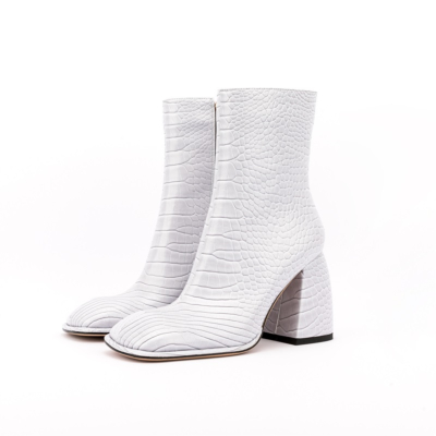 White Snake Print Block Heel Boots Square Toe Ankle Booties With Side Zipper
