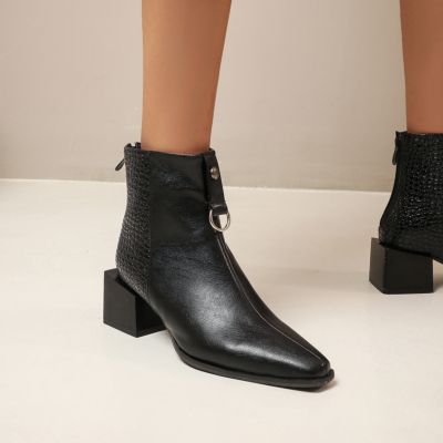 Black Snake Print Chunky Square Heel Ankle Boots with Back Zipper