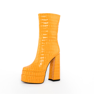 Yellow Snake Print Platform Ankle Boots Patent Leather Chunky Heel Booties With Zipper