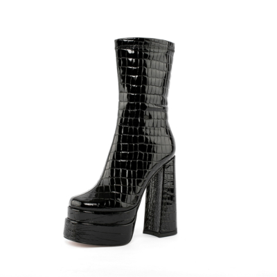 Black Snake Print Platform Ankle Boots Patent Leather Chunky Heel Booties With Zipper