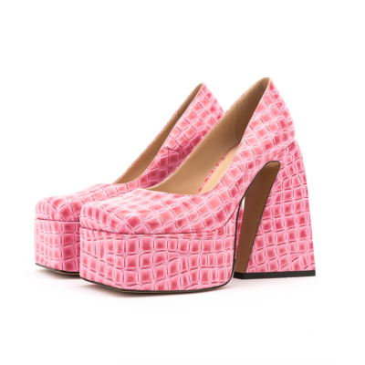 Pink Snake Print Platform Chunky High Heels Square Toe Dress Pump Shoes