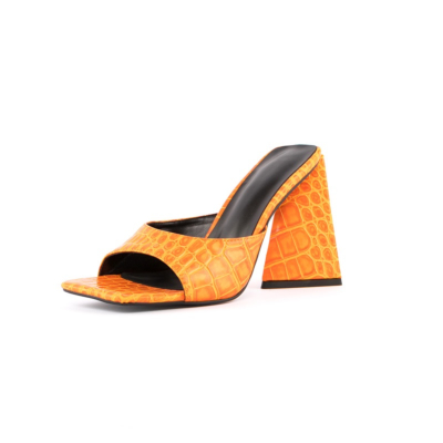 Orange Snake Print Slide Sandals Block Heels Square Toe Sexy Party Sandals