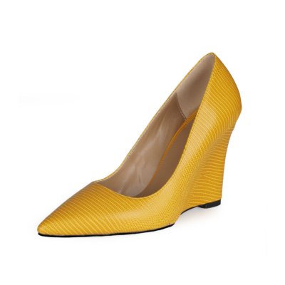 Yellow Spring Snake Print Wedge High Heels Pumps Work Shoes with Pointed Toe