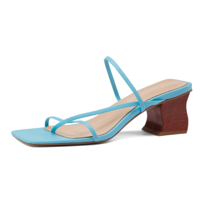 Sky Blue Square Toe Strappy Sandals Shoes with Irregular Block Heels