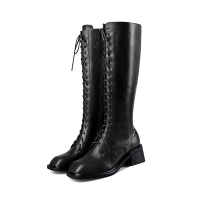 Black Square Toe Boots Lace Up Low Heel Knee High Boots