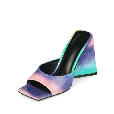 Square Toe Slide Sandal 2022 Spring Gradient Block Heel Shoes