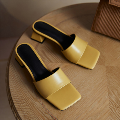 Yellow Square Toe Slides 2022 Summer Low Chunky Heel Leather Sandals