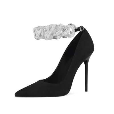 Black Stiletto Heels Dresses Pumps Rhinestones Ankle Strap Suede Shoes