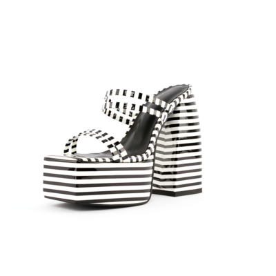 Striped Strappy Chunky Platform Sandals Square Toe Dresses Mules Sandals