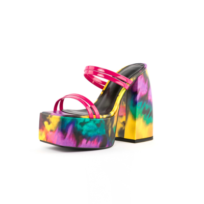 Rainbow Colorful Strappy Chunky Platform Sandals Square Toe Dresses Mules Sandals