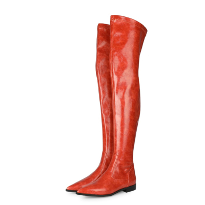 Red Stretch Comfortable Elastic Flat Ladies Thigh High Boots