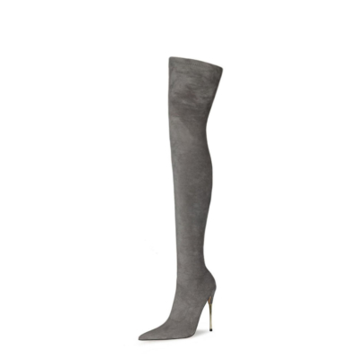 Grey Stretch Long Boot Elastic Over The Knee Thigh High Boots 120 mm Heels