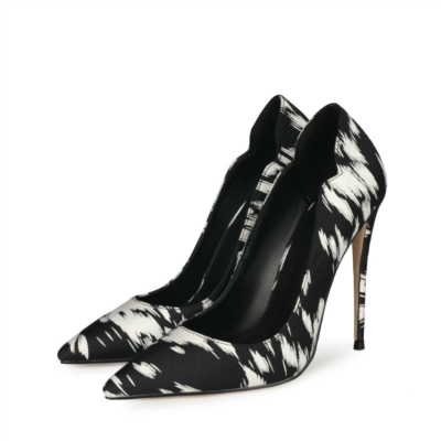 White and Black Quilted Zebra Print Pumps Heels Cut Out Pointed Toe Heeled Shoes