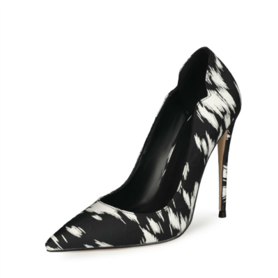 White and Black Quilted Zebra Print Pumps Heels Cut Out Pointed Toe Heeled Shoes