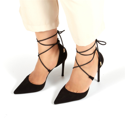 Suede Lace Up Ankle Strap D'orsay Woman Stiletto Heeled Pumps with Pointy Toe