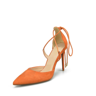 Orange Suede Lace Up Ankle Strap D'orsay Woman Stiletto Heeled Pumps with Pointy Toe