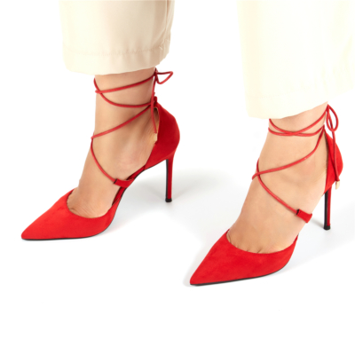 Red Suede Lace Up Ankle Strap D'orsay Woman Stiletto Heeled Pumps with Pointy Toe