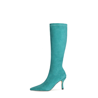 Mint Suede Plain Elastic Pointed Toe Knee High Boots