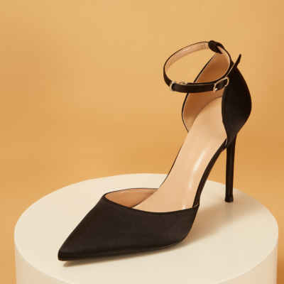 Black Satin Pointed Toe D'orsay Ankle Strap Stiletto Heels Pumps