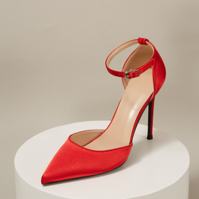 Red Satin Pointed Toe D'orsay Ankle Strap Stiletto Heels Pumps
