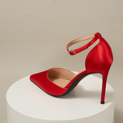 Satin Pointed Toe D'orsay Ankle Strap Stiletto Heels Pumps