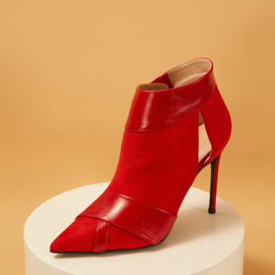 Red Suede Ankle Boots Pointed Toe Stiletto Heels Velcro 