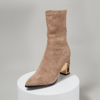 Camel Suede Sock Boots Hollow-out Chunky Heel Ankle Boots