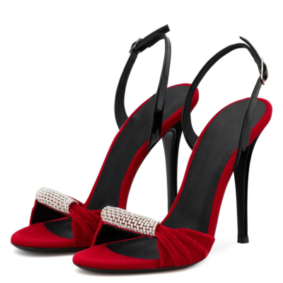 Red Suede Stiletto Heel Sandals Pumps Peep Toe Crystal Shoes with Buckle