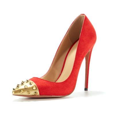 Red Suede Stilettos Office Pumps Studded Pointed Toe Women Shoes with 5 inch Heels