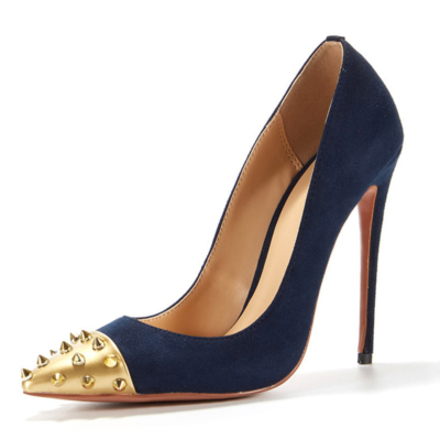 Navy Suede Stilettos Office Pumps Studded Pointed Toe Women Shoes with 5 inch Heels