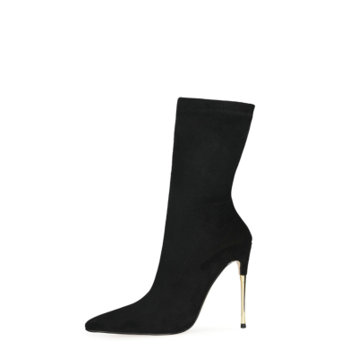 Black Suede Stretch Stiletto Ankle Sock Boots Pointed Toe Heelded Shoes