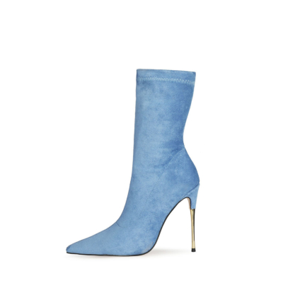 Blue Suede Stretch Stiletto Ankle Sock Boots Pointed Toe Heelded Shoes