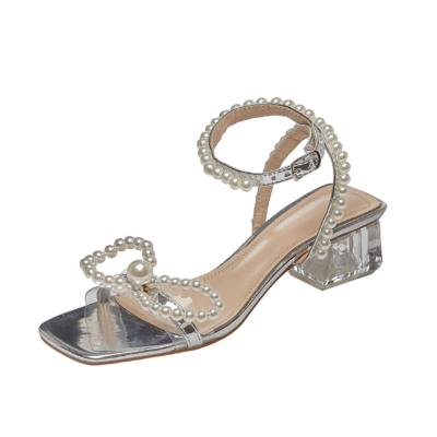Summer Ankle Strap Buckle Sandals Clear Chunky Heel Wedding Sandals with Bow