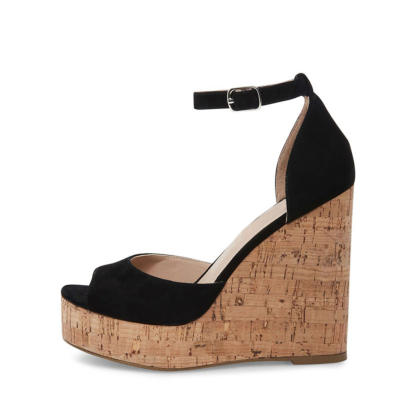 Black Suede Ankle Strap Wedge High Heel Beach Sandals with Peep Toe