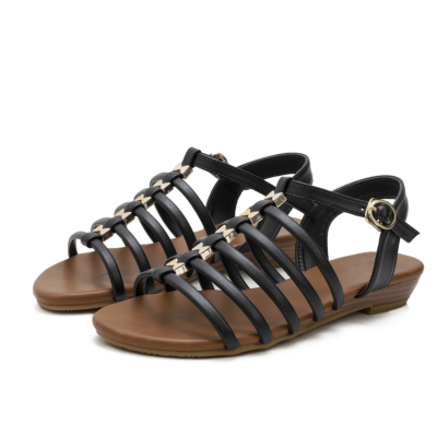 Black Summer Open Toe Multi-Strap Buckle Low Heel Gladiator Sandals