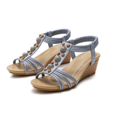 Blue Summer Pearl Embellished T-Strap Wide Fit Wedge Sandals