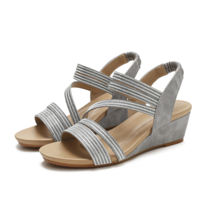 Grey Summer Slip On Round-Toe Wedges Strappy Sandals