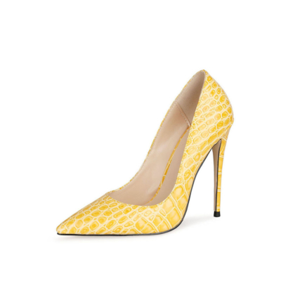 Yellow Snake Printed Pumps Heels Pointed Toe Shoes High Heels 5 inches