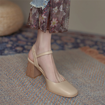 Nude Leather Square Toe Heels Slingbacks Pumps with Wooden Block Heel