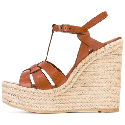 Brown Summer Woven Straw T-Strap Wedge Sandals with Buckle Slingbacks